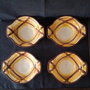 Vintage Vernon Kilns Dinnerware Organdie Brown Yellow Plaid Set 4 Lug Soup Bowls
